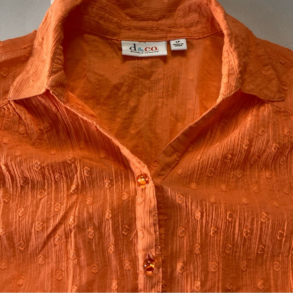 Ladies D&Co Cotton Orange 3/4 Sleeve Beaded Button Up LP RN81893 Cinched Back